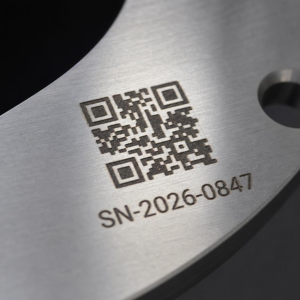 Flaches Metallteil mit glatter, gebürsteter Oberfläche und realistischem lasergraviertem QR-Code und Seriennummer