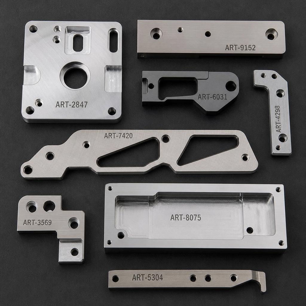 Kleinserie verschiedener Zerspanerteile aus Aluminium und Edelstahl, jede mit lasergravierter Artikelnummer
